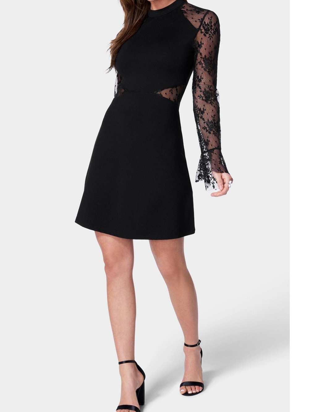 bebe Black Lace-Sleeve Long Sleeve A-Line Dress